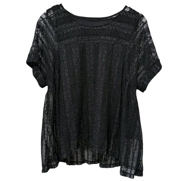 STYLE & CO. Womens Top Medium Petite Mesh Overlay with Tank Black Silver Stretch - Picture 2 of 9